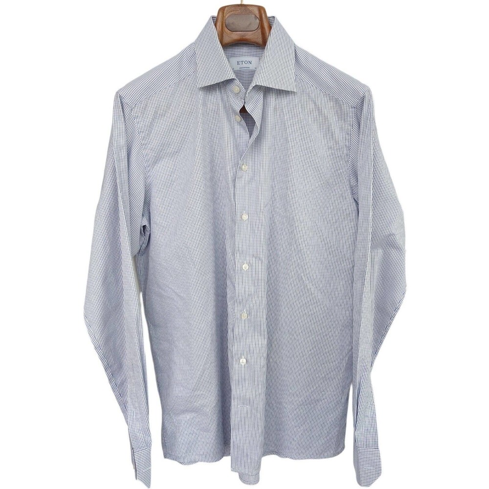 ETON Men's Contemporary Fit Button Down Shirt White/ Blue Check Cambridge 16.5